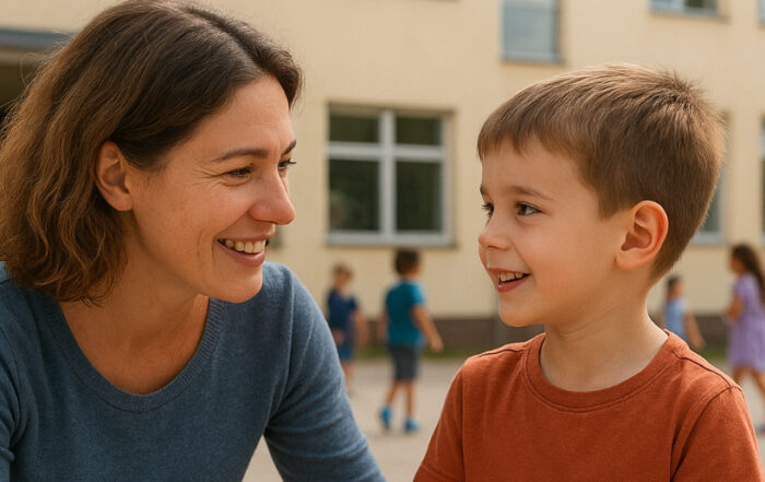 Mutter mit Sohn lächelnd vor einem Schulgebäude