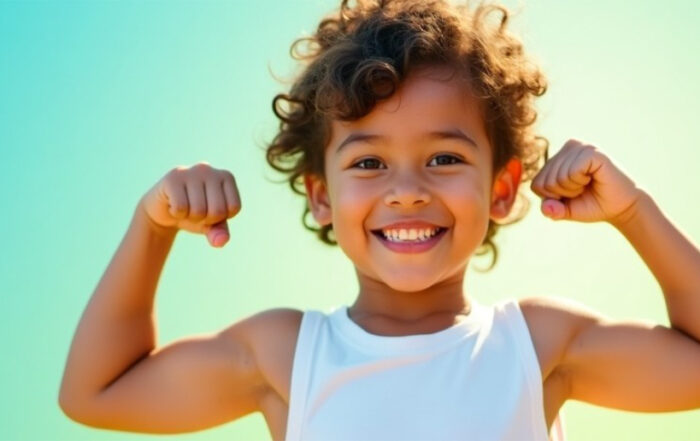 Lächelndes Kind mit lockigem Haar, das seine Muskeln zeigt. Fröhliches Kind in einem weißen Shirt vor einem sonnigen, türkisen und hellgrünen Hintergrund.