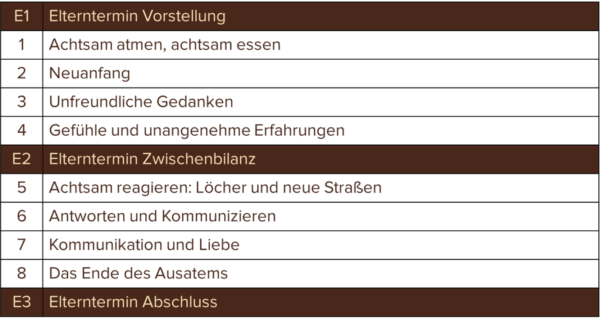 Tabelle Ablauf Elterntermine Mind Camp