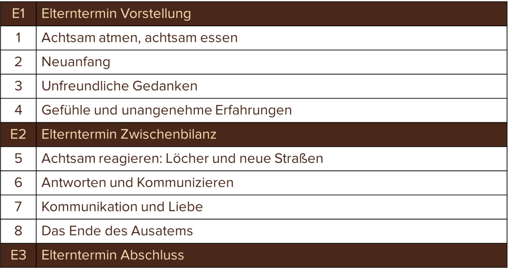 Tabelle Ablauf Elterntermine Mind Camp