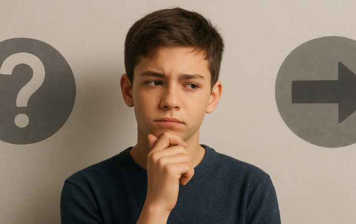 Ein nachdenklicher Jugendlicher hält die Hand ans Kinn und blickt zur Seite. Neben ihm stehen ein Fragezeichen und ein Pfeil, die für gleichzeitige Unsicherheit und Handlungsfähigkeit stehen.