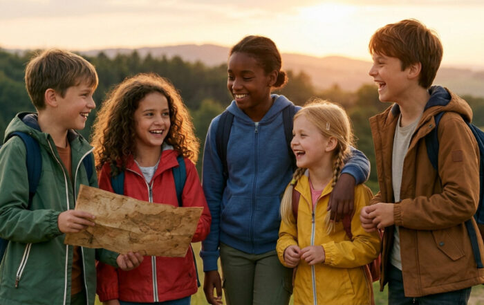 Eine Gruppe von fünf fröhlichen Kindern mit Rucksäcken steht in einer natürlichen Landschaft und betrachtet gemeinsam eine alte Schatzkarte.