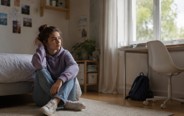 Ein jugendliches Mädchen mit braunen Haaren in einem Dutt und einem fliederfarbenen Hoodie sitzt nachdenklich und in sich gekehrt auf dem Teppich in ihrem hellen Zimmer, während sie zur Seite blickt.